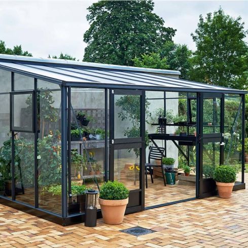 Juliana Veranda Lean To Greenhouse 10ft x 14ft - Anthracite & Black (Base included)